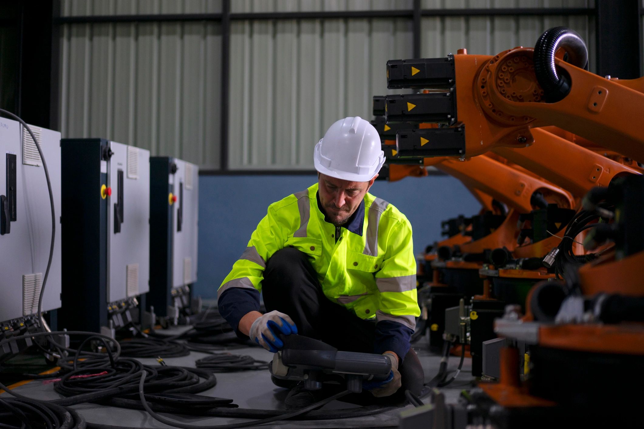 Engineer working beside a robotic arm in a factory